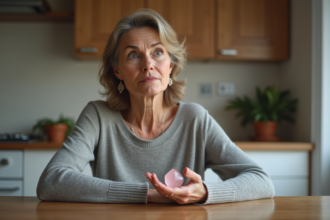 Femme avec pendentif en quartz rose dans une cuisine calme