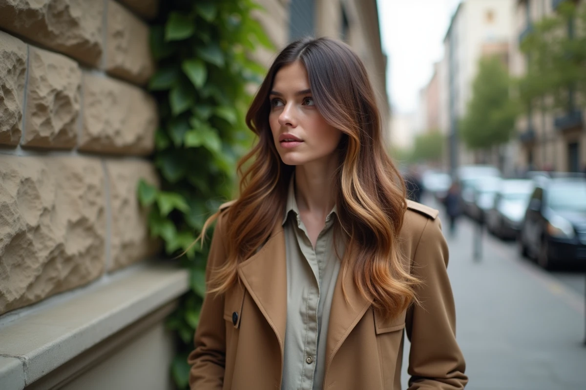 Jeune femme en trench dans la rue avec cheveux ondulés