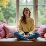Femme souriante dans un salon lumineux avec coussins colorés