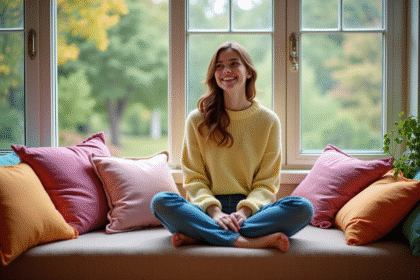 Femme souriante dans un salon lumineux avec coussins colorés