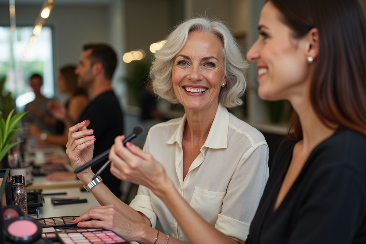 Femme plus âgée souriante avec maquilleuse en salon moderne