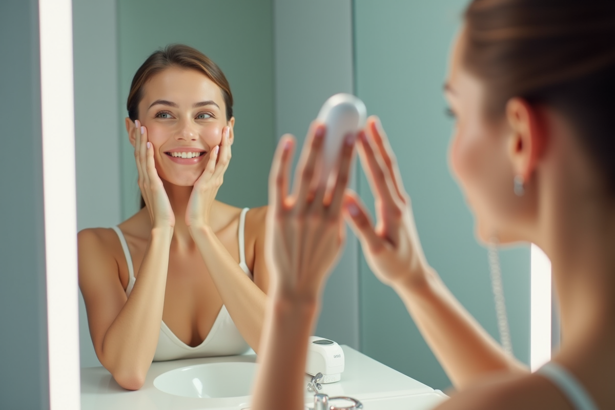 Femme regardant sa peau lisse dans un miroir lumineux