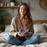 Femme en détente tenant une pierre polie dans un lit