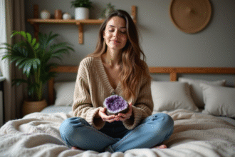 Femme en détente tenant une pierre polie dans un lit