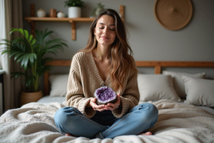 Femme en détente tenant une pierre polie dans un lit