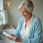 Femme senior souriante examine un tube de dentifrice dans sa salle de bain