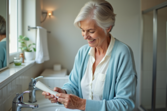Femme senior souriante examine un tube de dentifrice dans sa salle de bain