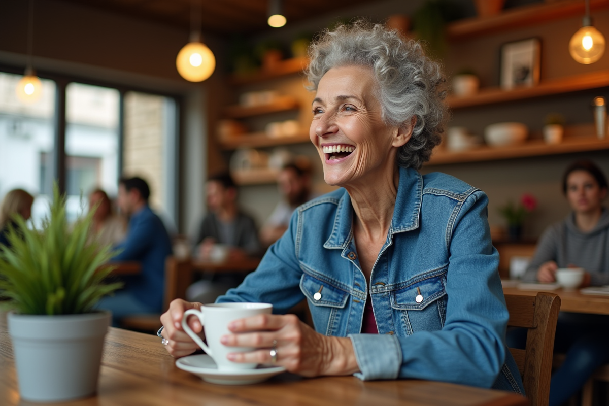 Femme de 70 ans souriante au café intérieur en denim