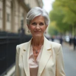 Femme senior élégante en ville avec blazer crème