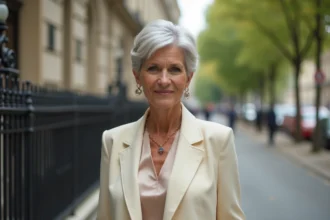 Femme senior élégante en ville avec blazer crème