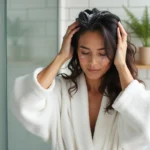 Femme appliquant un shampoing naturel sans paraben sans sulfate sur cheveux gras dans une salle de bain moderne