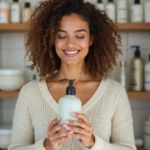 Jeune femme examine un shampoing sans silicones dans une salle de bain moderne