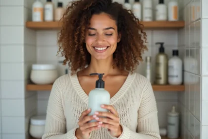 Jeune femme examine un shampoing sans silicones dans une salle de bain moderne