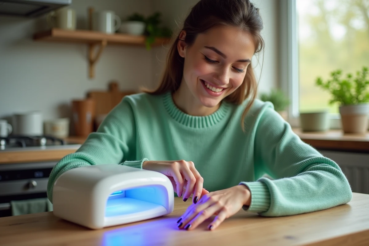 Femme appliquant du gel UV à la maison sur une table de cuisine