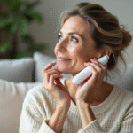 Femme d'âge moyen utilisant un appareil de soin visage à la maison