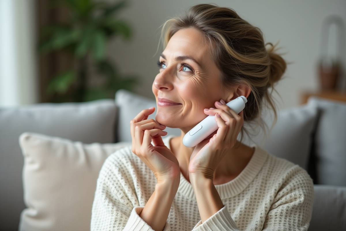 Femme d'âge moyen utilisant un appareil de soin visage à la maison