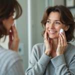 Femme appliquant un dispositif anti-ride dans sa salle de bain