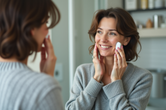 Femme appliquant un dispositif anti-ride dans sa salle de bain