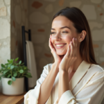 Femme souriante appliquant un serum naturel sur le visage