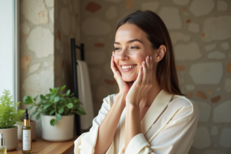 Femme souriante appliquant un serum naturel sur le visage