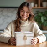 Femme souriante ouvrant une box beauté dans une cuisine chaleureuse