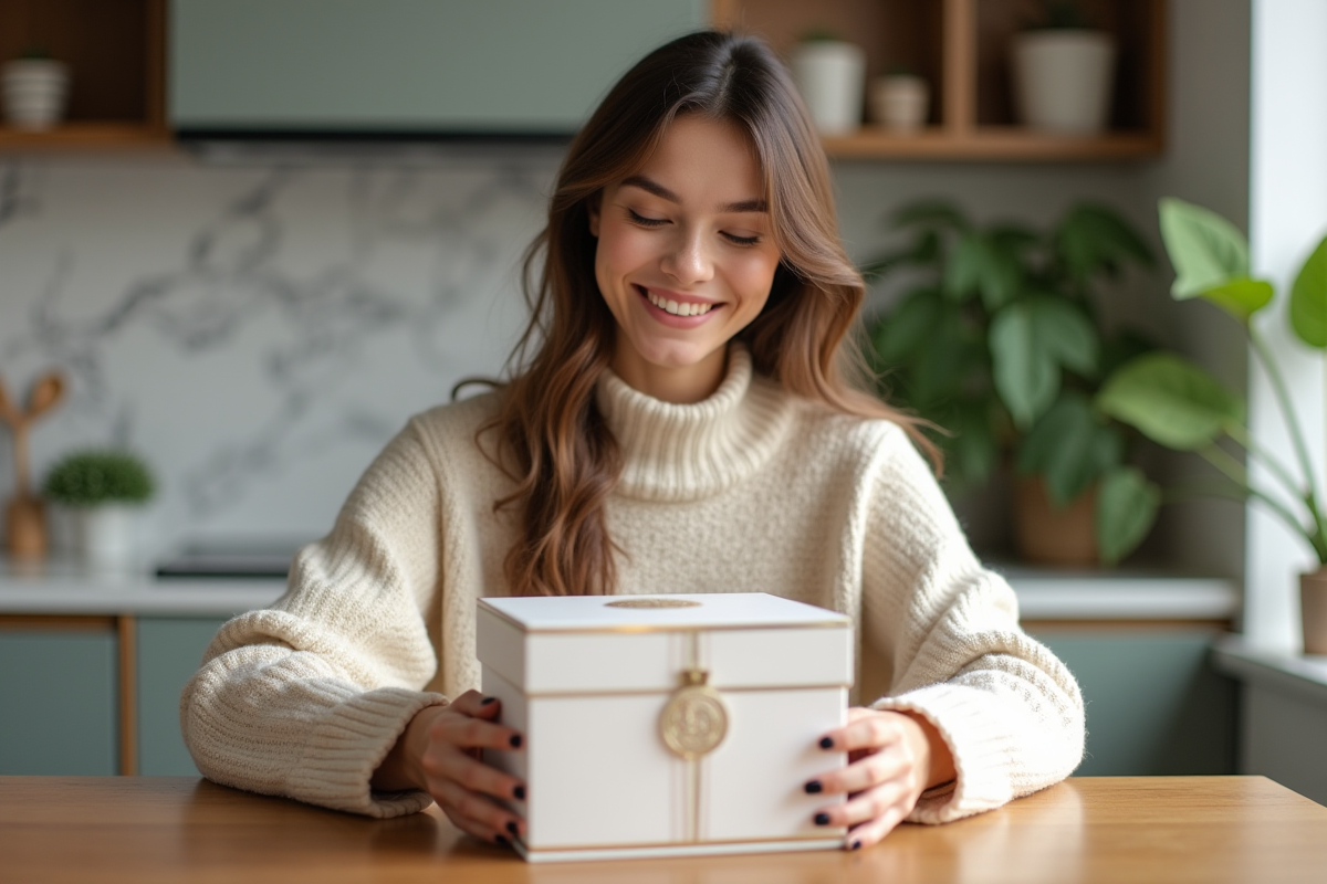 Femme souriante ouvrant une box beauté dans une cuisine chaleureuse
