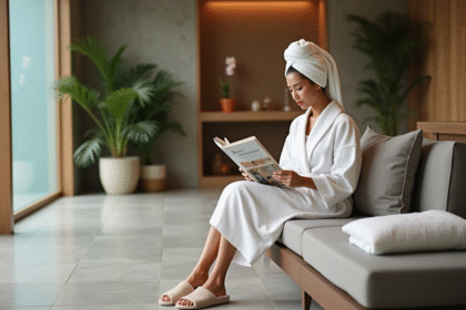 Femme détendue dans un spa moderne en robe légère