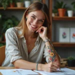 Jeune femme avec tatouage floral dans un studio cosy