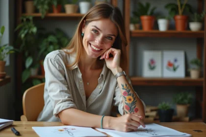 Jeune femme avec tatouage floral dans un studio cosy