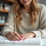 Femme inspectant ses ongles en porcelaine dans un salon de manucure