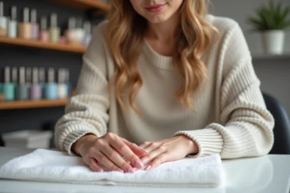 Femme inspectant ses ongles en porcelaine dans un salon de manucure