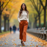 Femme élégante marchant dans un parc automnal