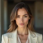 Portrait en gros plan d'une femme aux yeux hazel avec un blazer crème, style éditorial 2026