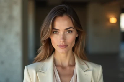 Portrait en gros plan d'une femme aux yeux hazel avec un blazer crème, style éditorial 2026
