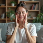 Femme pratiquant le yoga facial à la maison