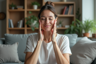 Femme pratiquant le yoga facial à la maison