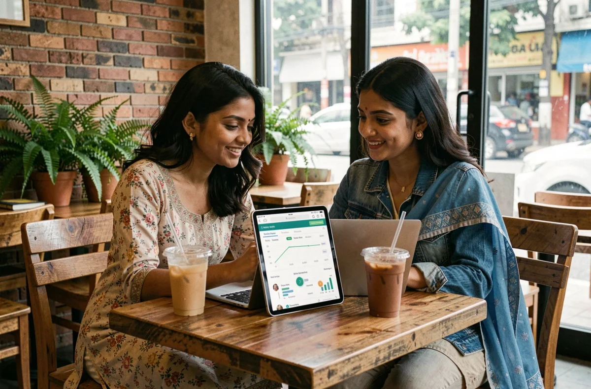 Deux jeunes femmes indiennes analysant des statistiques de réseaux sociaux sur une tablette dans un café moderne de Bengaluru