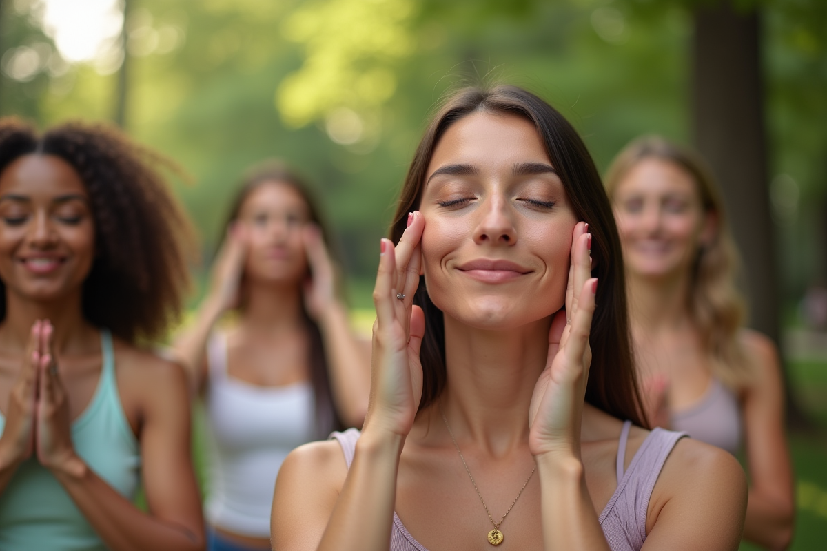 Groupe de femmes pratiquant yoga du visage en plein air