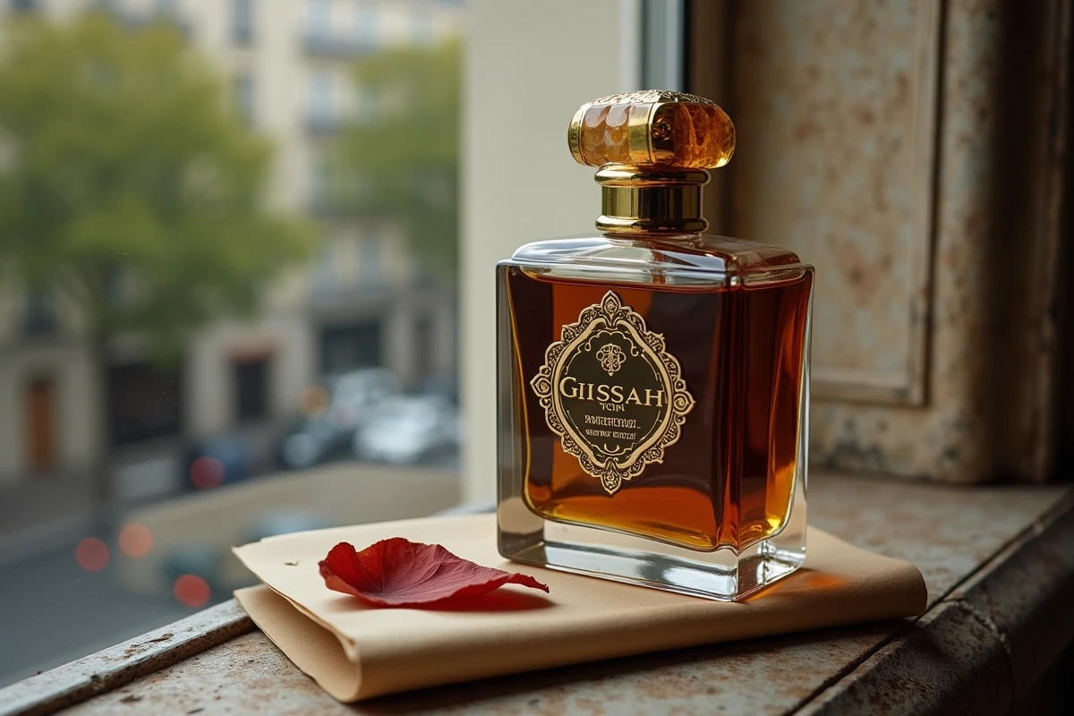 Flacon de parfum Gissah posé sur un rebord de fenêtre parisien avec décor urbain en arrière-plan