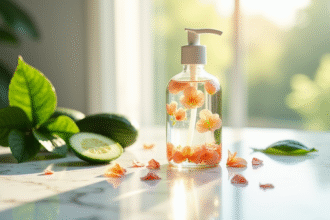 Flacon de toner maison avec pétales de fleurs flottants sur un comptoir en marbre