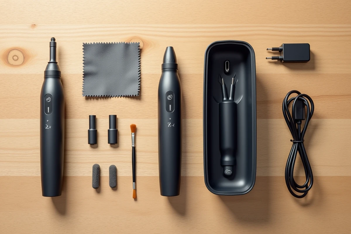 Flat lay des accessoires et outils d'entretien d'une lime électrique Lidl sur une surface en bois clair