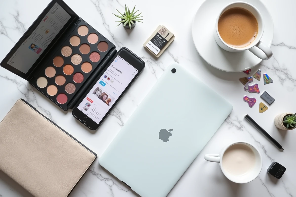 Flat lay beauté et tech sur marbre avec palette de maquillage, tablette graphique et accessoires geek