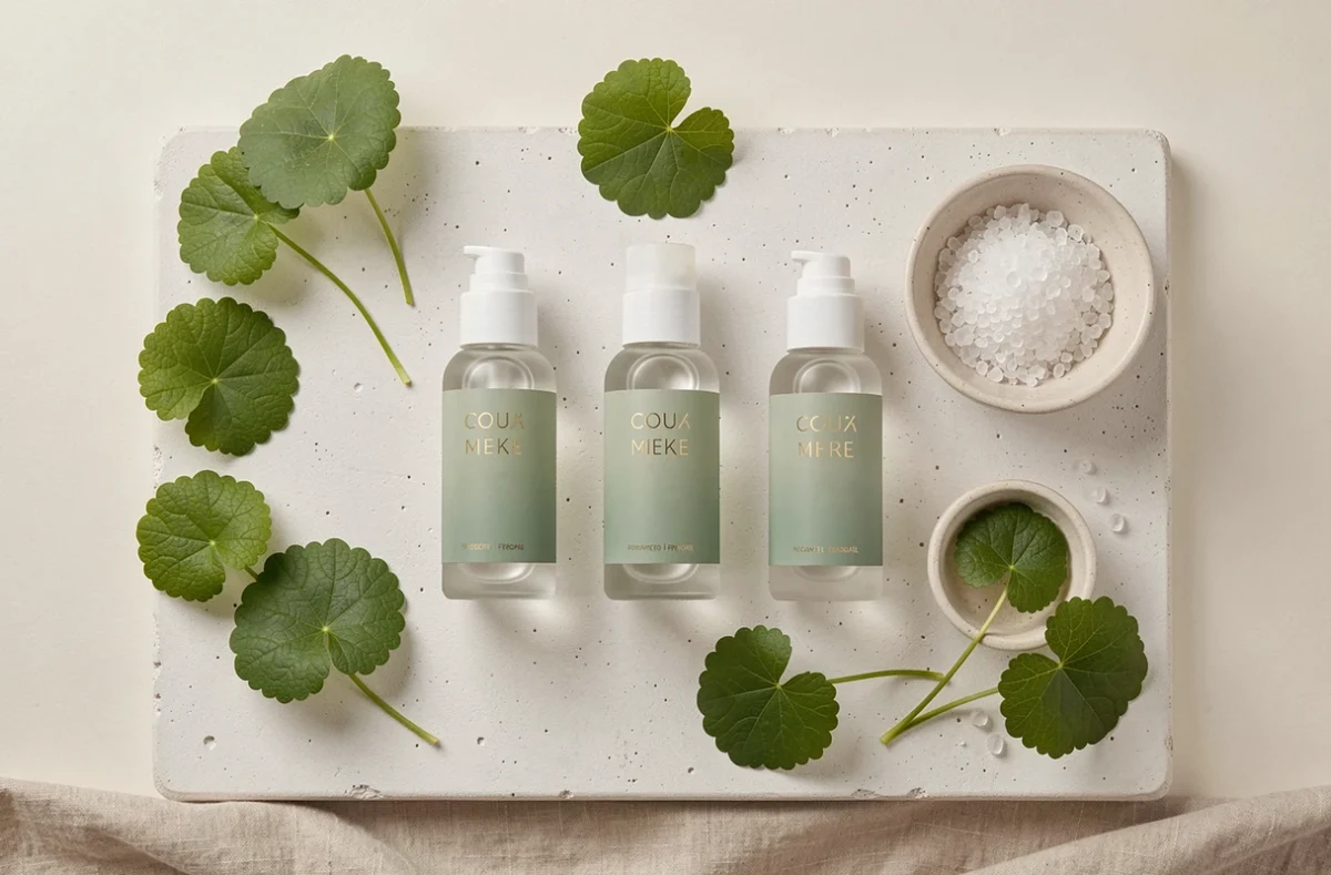 Flat lay de flacons d'essences cosmétiques innovantes entourés d'ingrédients botaniques naturels pour une beauté clean en 2026