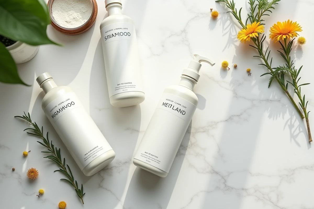 Composition flat lay de shampoings naturels sans paraben sans sulfate sans silicone pour cheveux gras sur marbre blanc