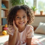 Jeune fille aux boucles naturelles souriante en intérieur