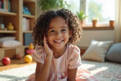 Jeune fille aux boucles naturelles souriante en intérieur