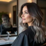 Femme brune aux cheveux avec grey blending naturel aux racines, assise dans un fauteuil de salon de coiffure moderne