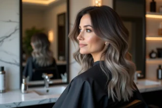 Femme brune aux cheveux avec grey blending naturel aux racines, assise dans un fauteuil de salon de coiffure moderne