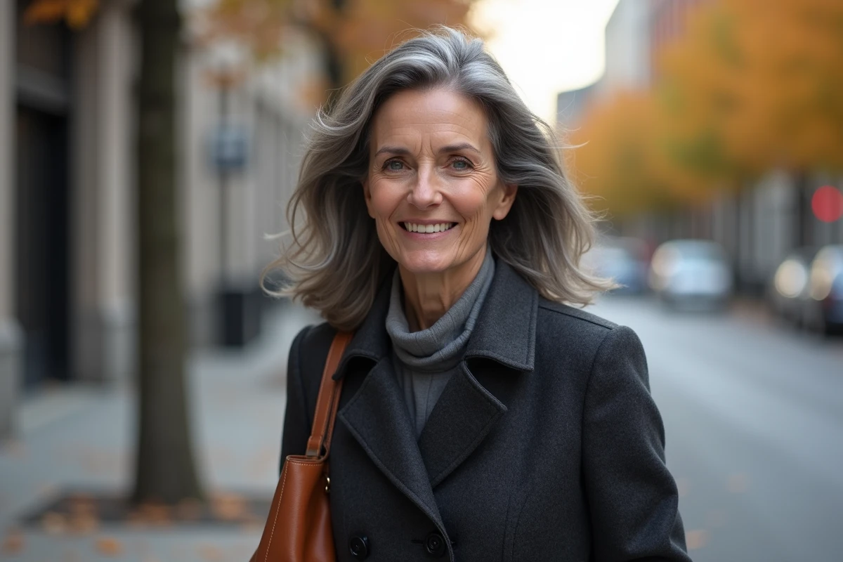 Femme élégante dans la cinquantaine avec grey blending naturel brun argenté, photographiée en extérieur urbain en automne