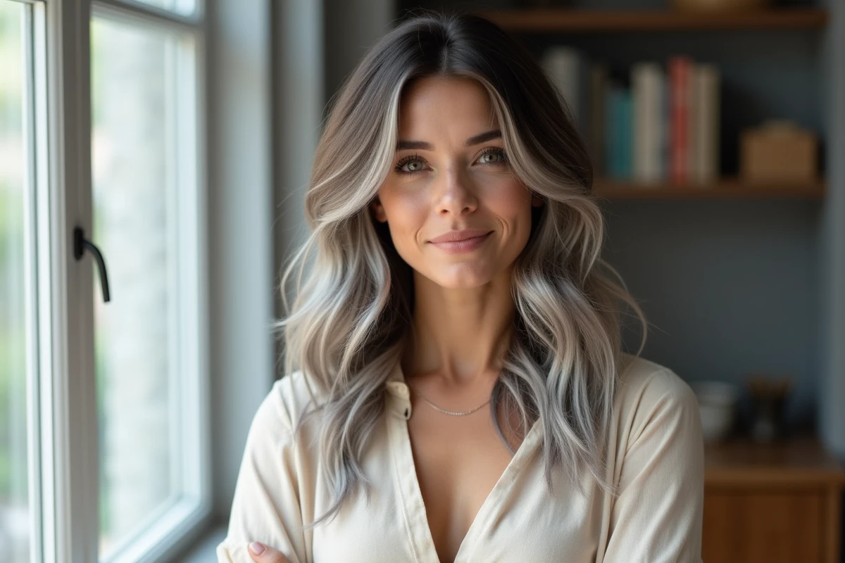 Femme brune avec grey blending aux reflets argentés et cendres, portrait éditorial en appartement moderne